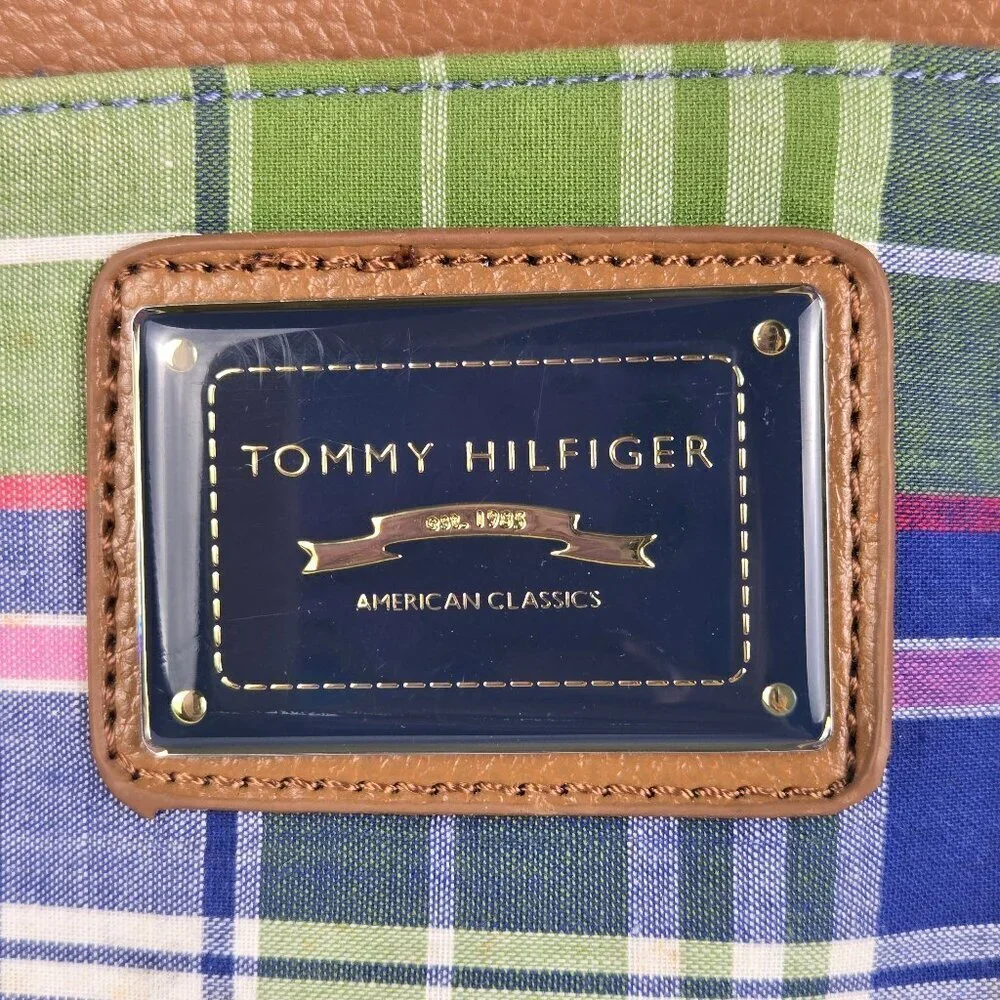 Tommy Hilfiger Plaid Double Handle Satchel Bag w/ Wristlet Faux Leather